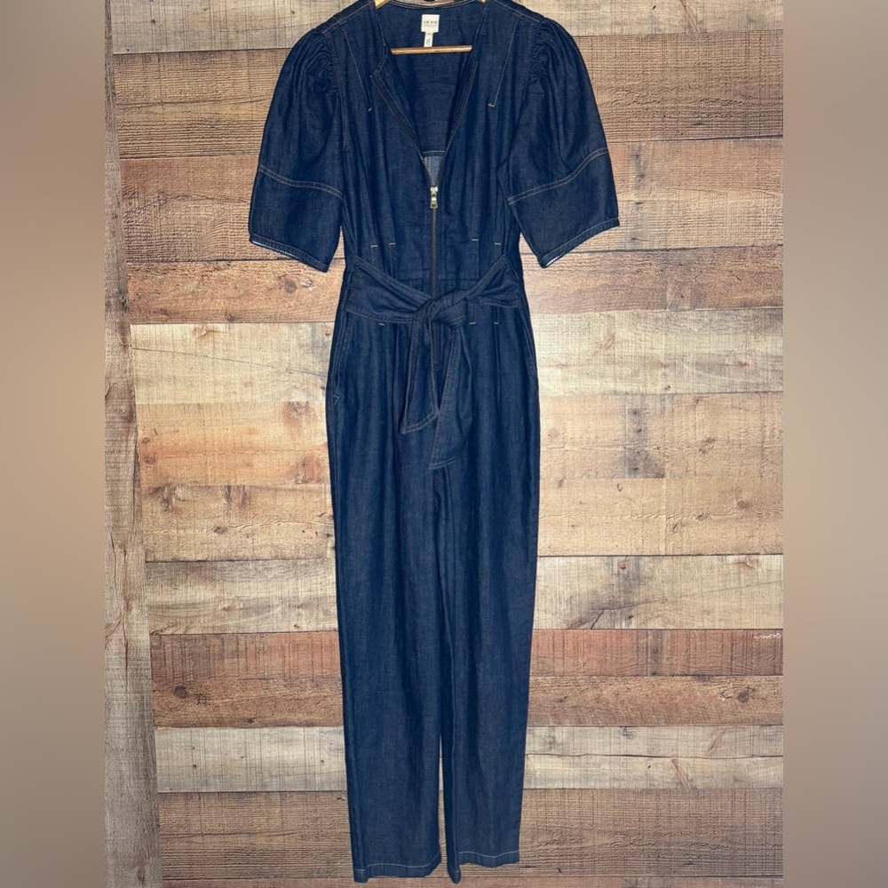 Rebecca Taylor La Vie Puff Sleeve Denim Jumpsuit size Small Tie Waist - Picture 2 of 15